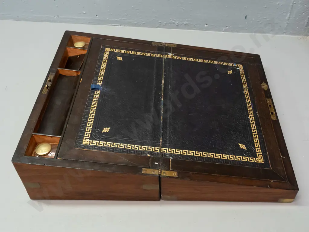 Victorian walnut writing box with brass strapping and corners, escutcheon and blank cartouche, tooled writing surface, Image 1++