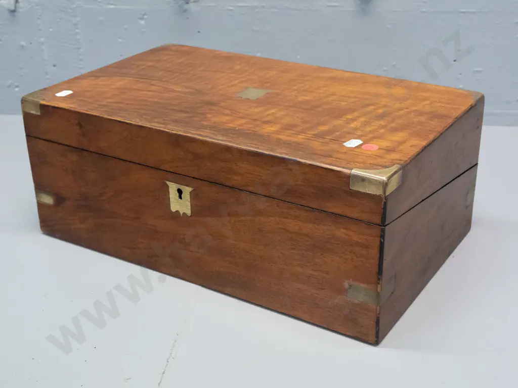 Victorian walnut writing box with brass strapping and corners, escutcheon and blank cartouche, tooled writing surface, Image 1++