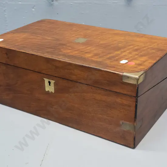 Victorian walnut writing box with brass strapping and corners, escutcheon and blank cartouche, tooled writing surface,