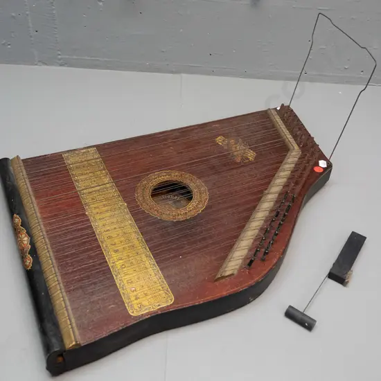 vintage "Mandolin-Guitar" zither with label for National Academy of Music / Made in USA 0 with wire music stand - box is