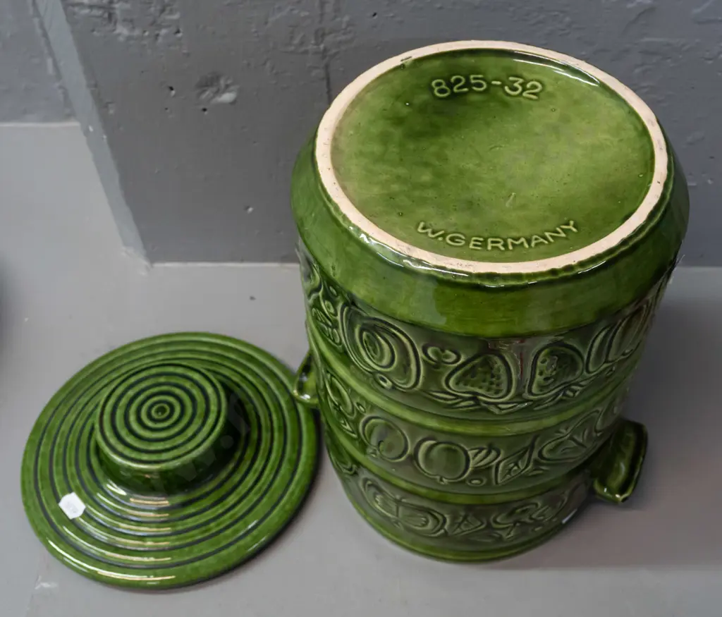 green German pottery "Rumtopf" lidded crock with lug handles, raised fruit decoration H-320 W-220 Image 1++