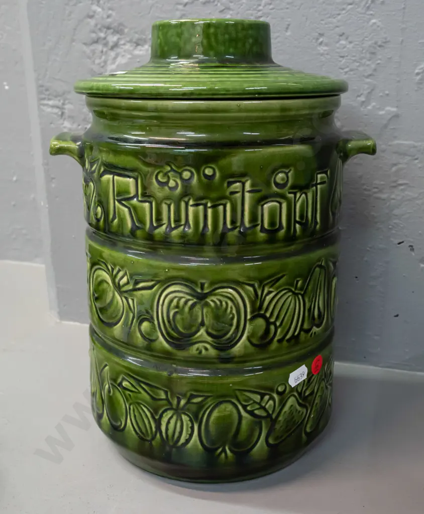 green German pottery "Rumtopf" lidded crock with lug handles, raised fruit decoration H-320 W-220 Image 1++