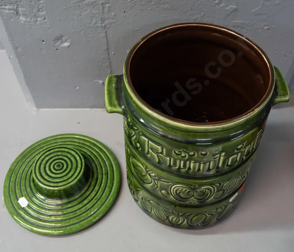 green German pottery "Rumtopf" lidded crock with lug handles, raised fruit decoration H-320 W-220 Image 1++