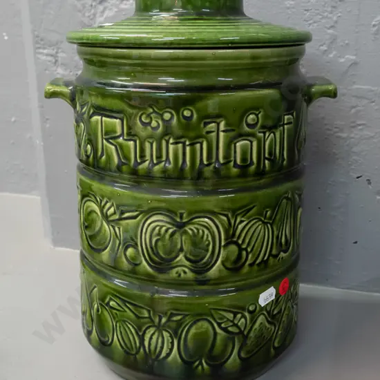 green German pottery "Rumtopf" lidded crock with lug handles, raised fruit decoration H-320 W-220