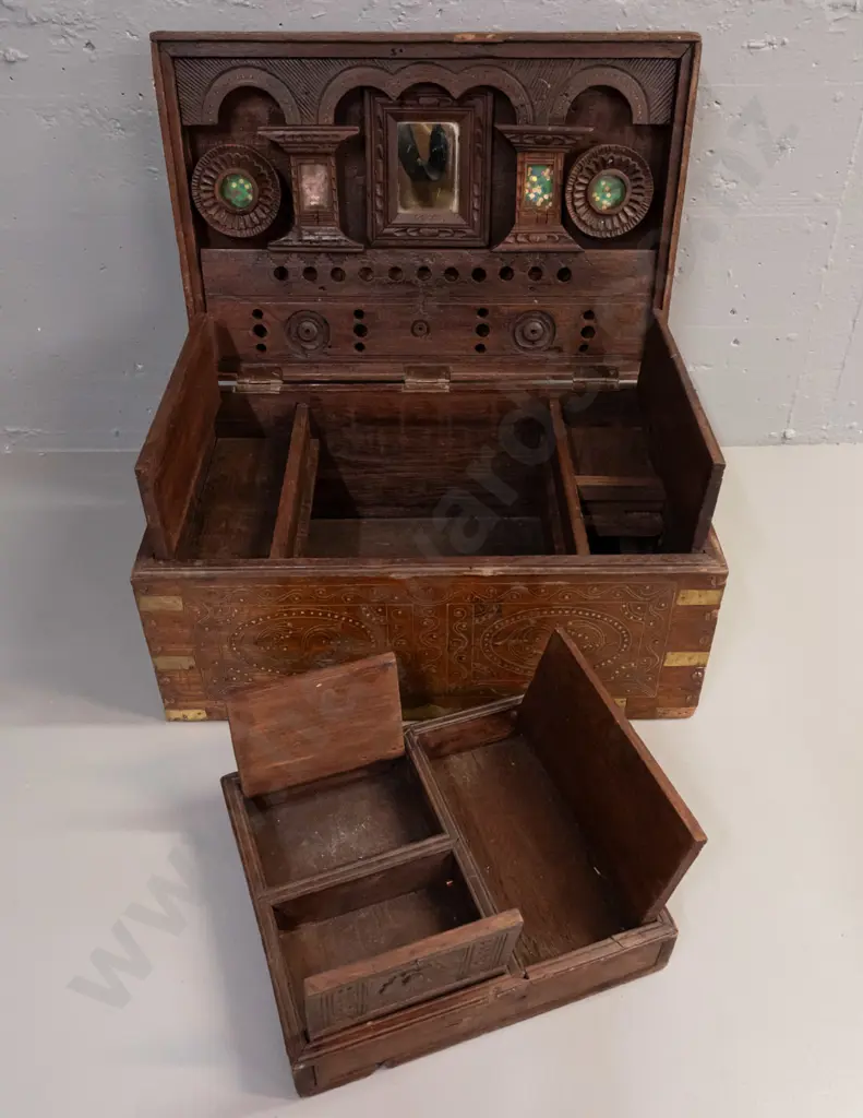 Indian dowry chest with carved hardwood with brass binding, inlaid decoration, swan-neck handles, mirror and glazed Image 1++