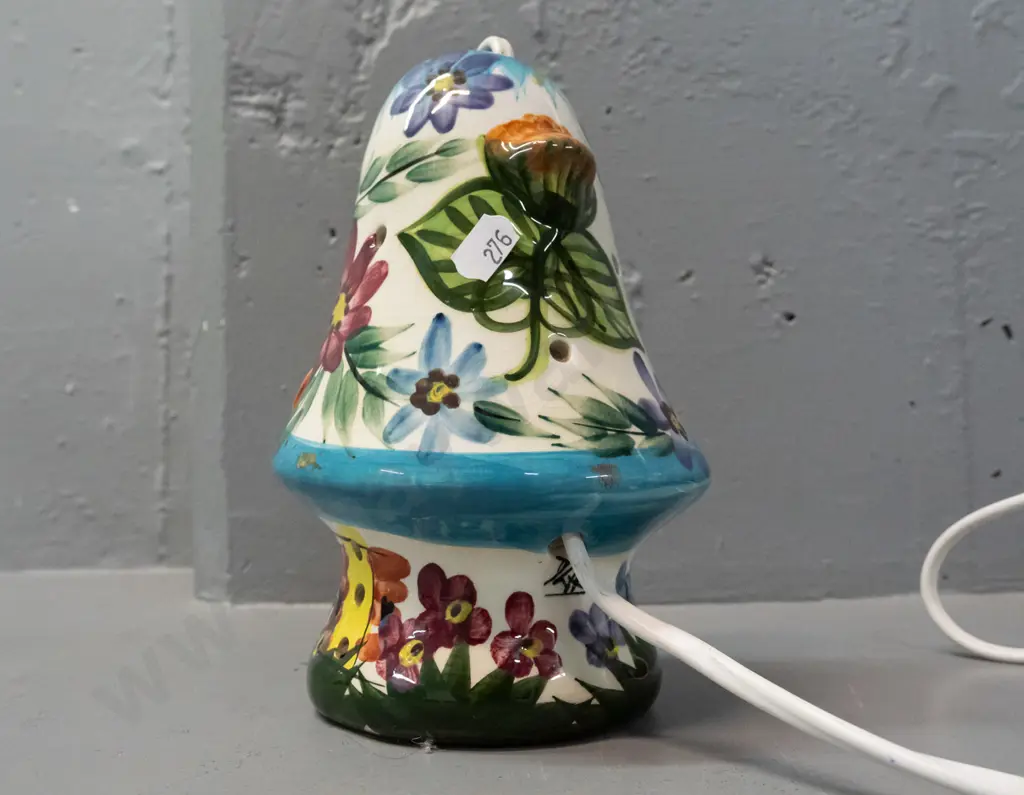 Derek Fowler hand painted ceramic figural table lamp - mushroom with tiny animal figures inside, floral motifs on top Image 1++