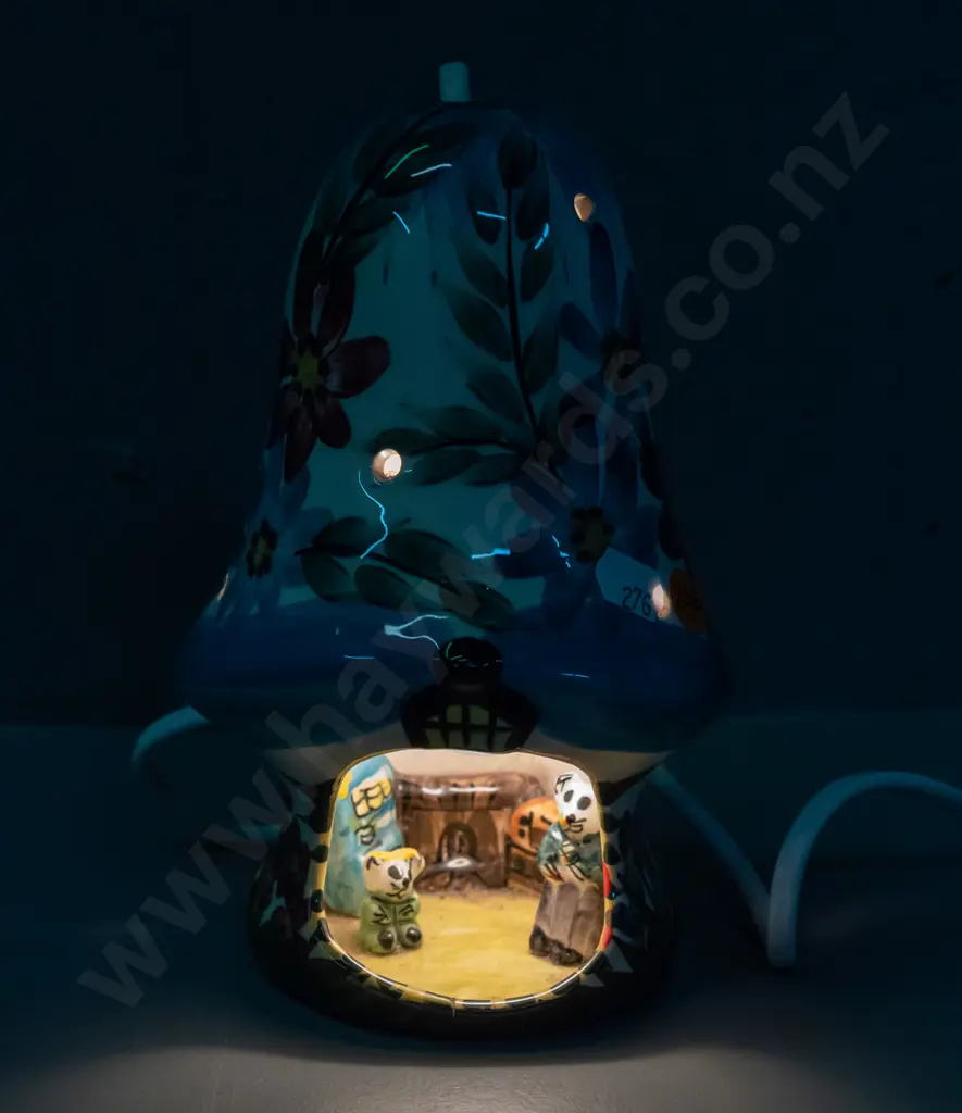 Derek Fowler hand painted ceramic figural table lamp - mushroom with tiny animal figures inside, floral motifs on top Image 1++