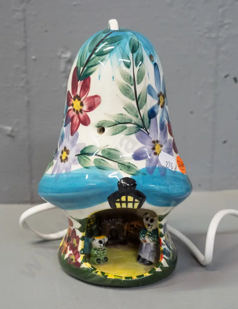 Derek Fowler hand painted ceramic figural table lamp - mushroom with tiny animal figures inside, floral motifs on top Image 1++