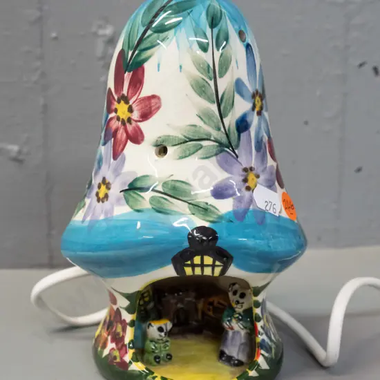 Derek Fowler hand painted ceramic figural table lamp - mushroom with tiny animal figures inside, floral motifs on top