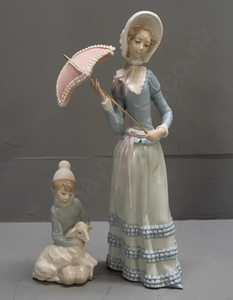 2 Lladro figures - woman with parasol H-320 and a boy with lamb Image 1++