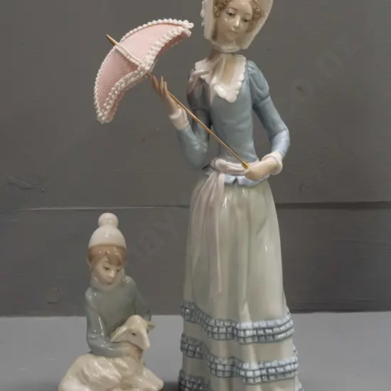 2 Lladro figures - woman with parasol H-320 and a boy with lamb
