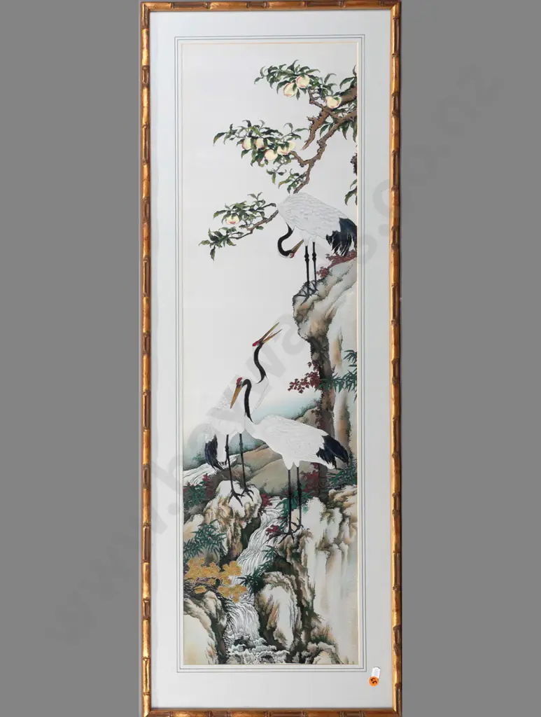 framed Asian hand-painted textile - cranes in landscape H-910 W-255 Image 1++