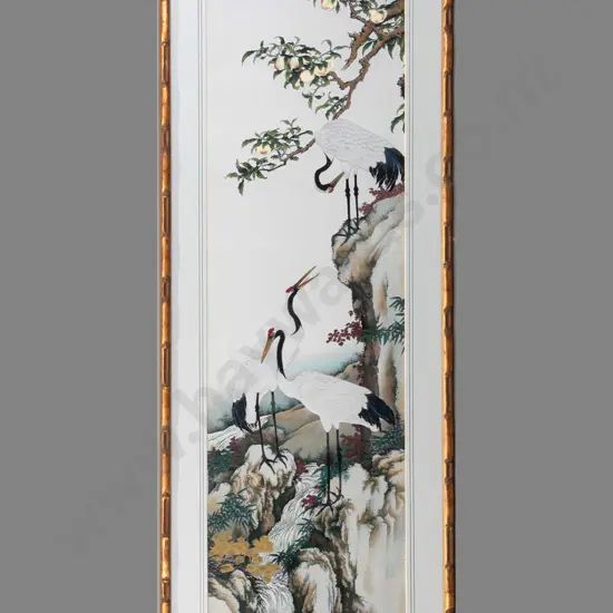 framed Asian hand-painted textile - cranes in landscape H-910 W-255