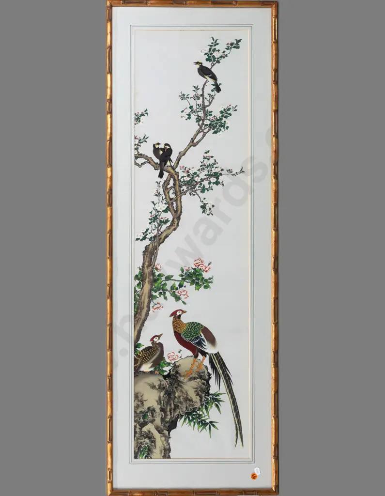 framed Asian hand-painted textile - pheasants in landscape H-910 W-255 Image 1++