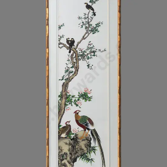 framed Asian hand-painted textile - pheasants in landscape H-910 W-255