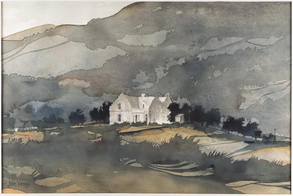 John Varney -- framed watercolour on paper, house in landscape H-325 W-495 Image 1++