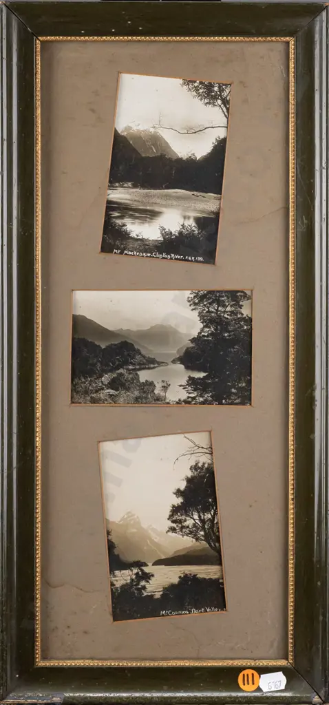 Frederick George Radcliffe -- framed trio of photographs: "Mt Mackenzie Clinton River" [unknown] "Mt Cosmos Dart Valley" Image 1++