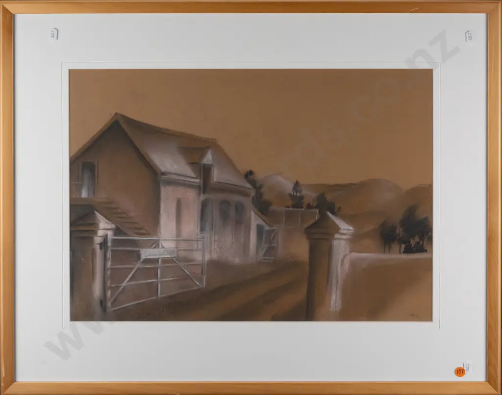 John Varney -- framed pastel on paper, house in landscape H-350 W-500 Image 1++