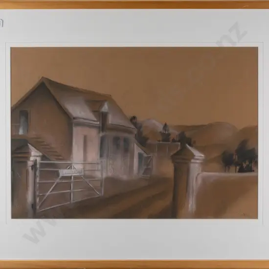 John Varney -- framed pastel on paper, house in landscape H-350 W-500