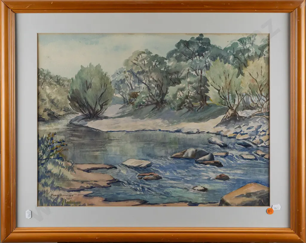 Joan Dennison -- framed watercolour on paper, landscape with stream H-370 W-490 [scratches to frame, frame mitres Image 1++