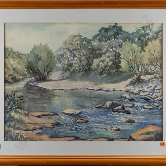 Joan Dennison -- framed watercolour on paper, landscape with stream H-370 W-490 [scratches to frame, frame mitres