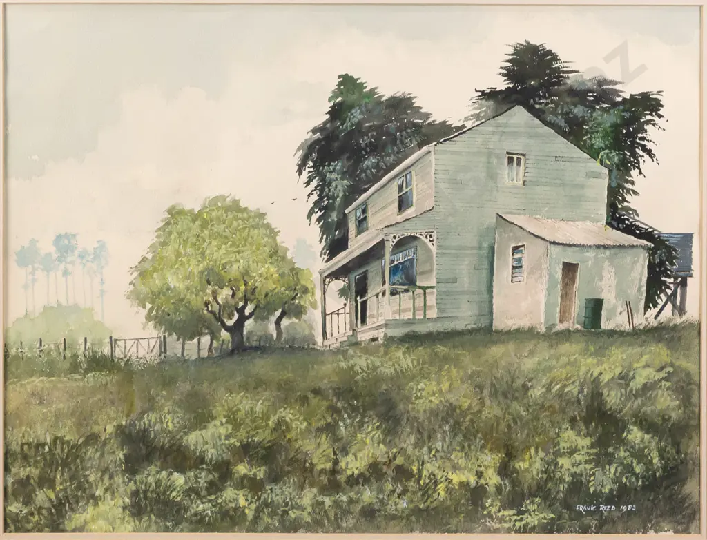 Frank Reed -- framed watercolour/gouache on paper "Otago Gothic" 1983 H-440 W-575 [small losses to frame finish] Image 1++