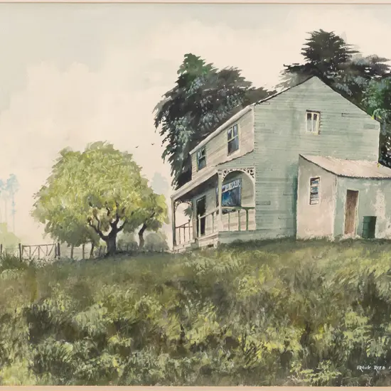 Frank Reed -- framed watercolour/gouache on paper "Otago Gothic" 1983 H-440 W-575 [small losses to frame finish]