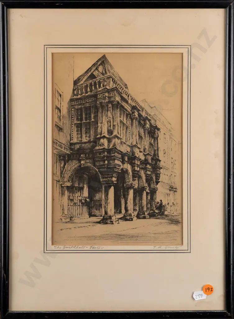 JH Grundy -- framed print on paper "The Guildhall, Exeter" H-250 W-165 [light water stains to edge of mat) Image 1++