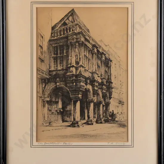 JH Grundy -- framed print on paper "The Guildhall, Exeter" H-250 W-165 [light water stains to edge of mat)