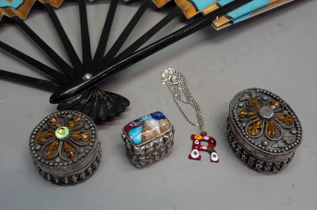 2 cylindrical fabric-covered pin cushions with assorted hat and lapel pins, Japanese timber and paper fan, millefiore Image 1++