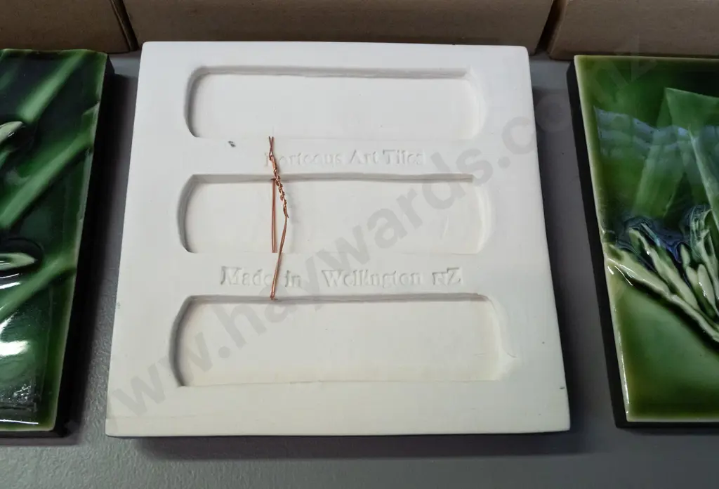 3 boxed NZ native plant motif ceramic tiles - marked Porteous Art Tiles Wellington NZ - puka and flax patterns, 150x150 Image 1++