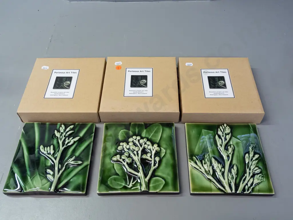 3 boxed NZ native plant motif ceramic tiles - marked Porteous Art Tiles Wellington NZ - puka and flax patterns, 150x150 Image 1++