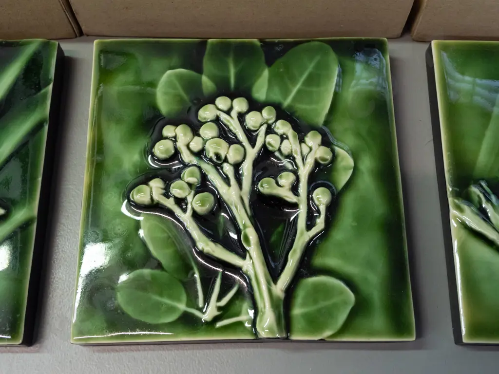 3 boxed NZ native plant motif ceramic tiles - marked Porteous Art Tiles Wellington NZ - puka and flax patterns, 150x150 Image 1++