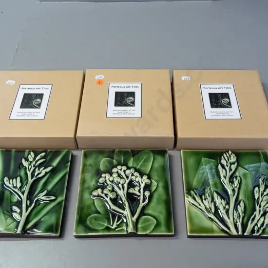 3 boxed NZ native plant motif ceramic tiles - marked Porteous Art Tiles Wellington NZ - puka and flax patterns, 150x150