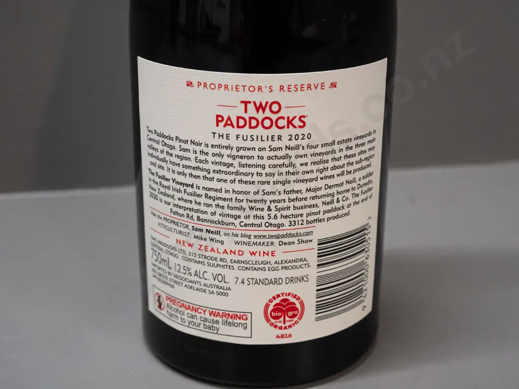 bottle of Two Paddocks 2020 Proprietor's Reserve Bannockburn "The Fusilier" organic Pinot Noir 750ml Image 1++