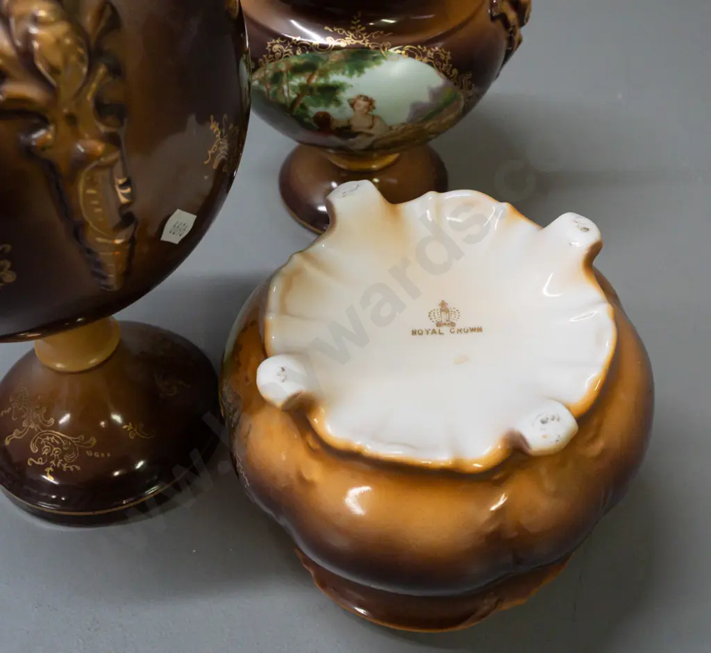 3 continental "Royal Crown" romance scene lidded urns - some wear to gilding, tallest is H-400 Image 1++