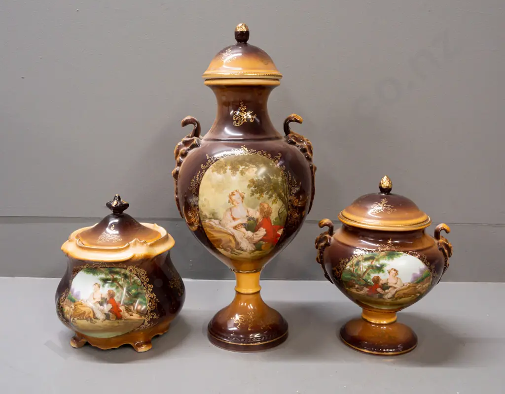 3 continental "Royal Crown" romance scene lidded urns - some wear to gilding, tallest is H-400 Image 1++