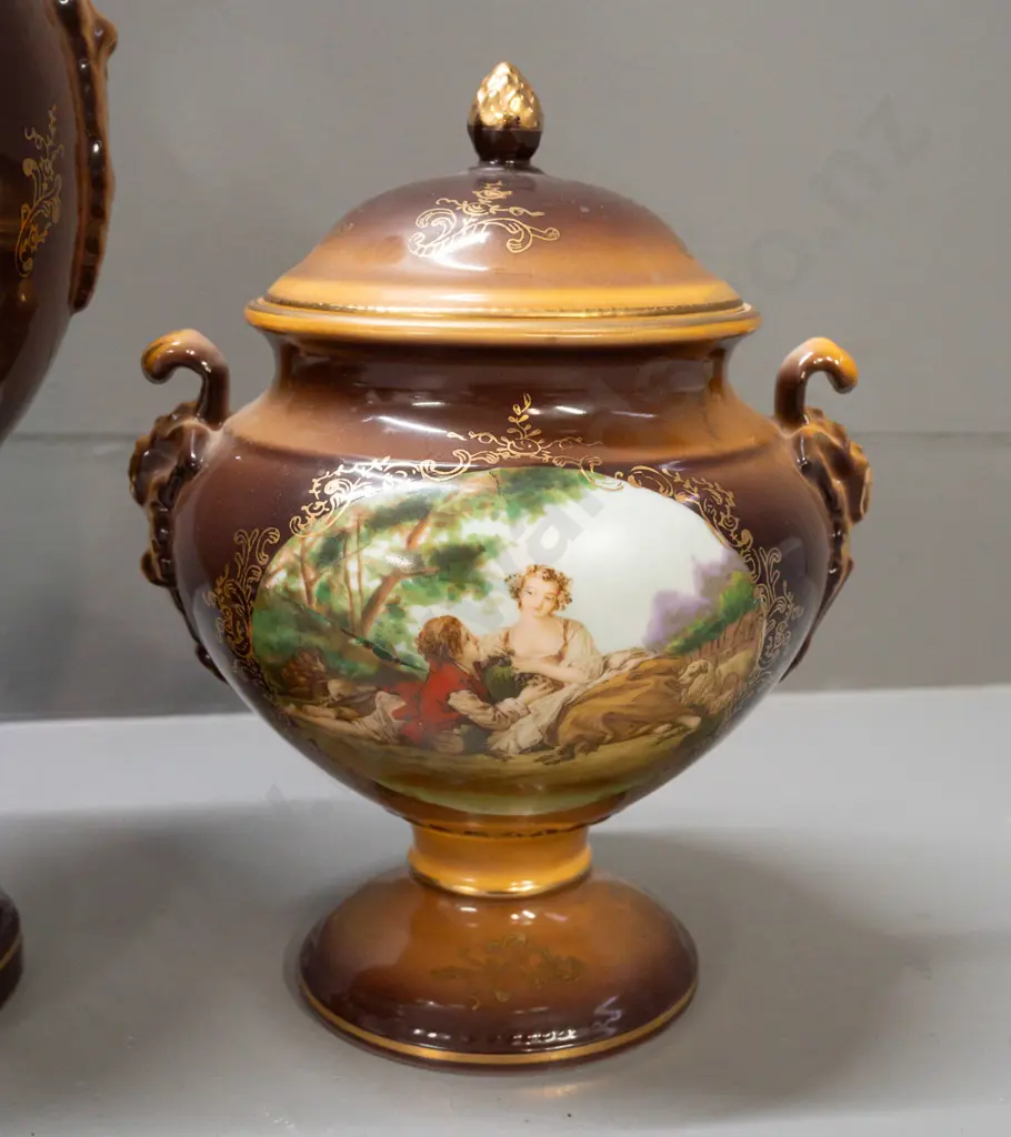 3 continental "Royal Crown" romance scene lidded urns - some wear to gilding, tallest is H-400 Image 1++