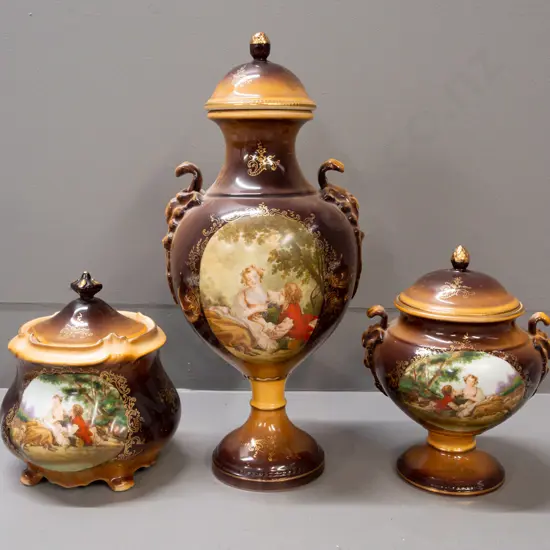 3 continental "Royal Crown" romance scene lidded urns - some wear to gilding, tallest is H-400