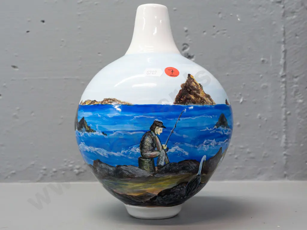 heavy porcelain bottle vase with hand painted seaside fisherman scene, no maker's or decorator's marks H-230 Image 1++