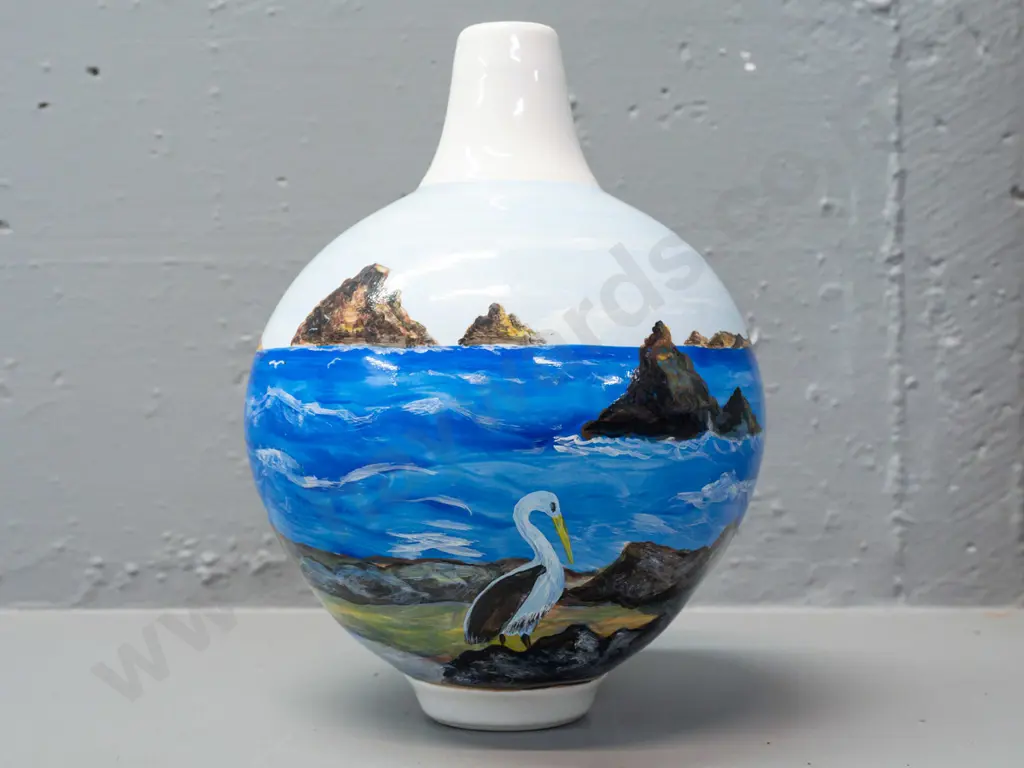 heavy porcelain bottle vase with hand painted seaside fisherman scene, no maker's or decorator's marks H-230 Image 1++