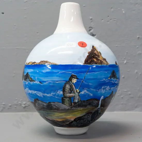 heavy porcelain bottle vase with hand painted seaside fisherman scene, no maker's or decorator's marks H-230