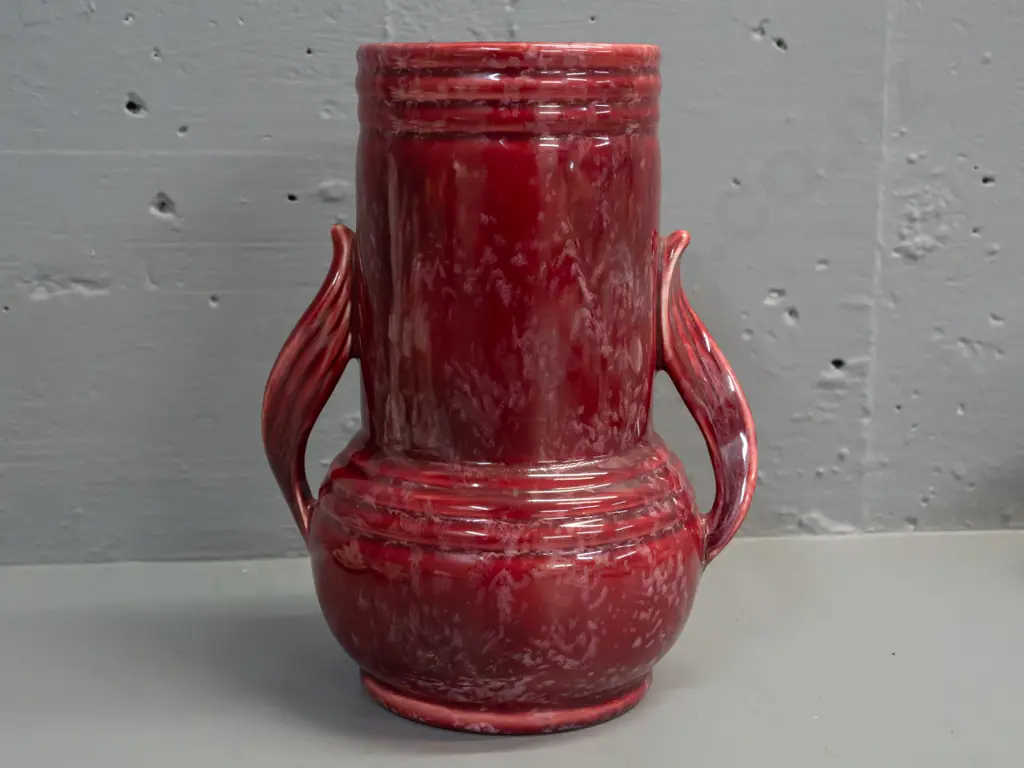 deco style Shorter England - ribbed design with applied twist handles, mottled dark red glaze H-220 Image 1++