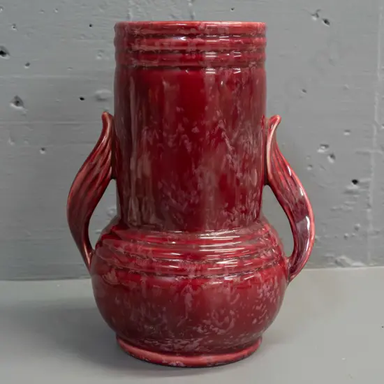 deco style Shorter England - ribbed design with applied twist handles, mottled dark red glaze H-220