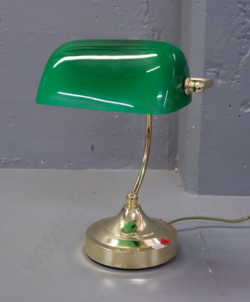 banker's touch lamp with brass finish base, green glass shade - minor damage to plastic cord fitting in base but going Image 1++