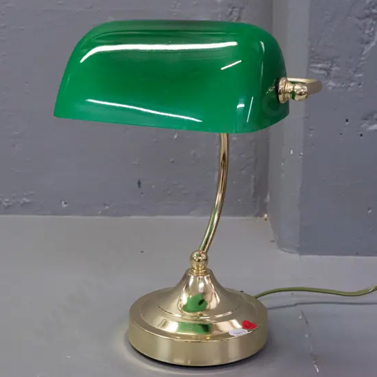 banker's touch lamp with brass finish base, green glass shade - minor damage to plastic cord fitting in base but going