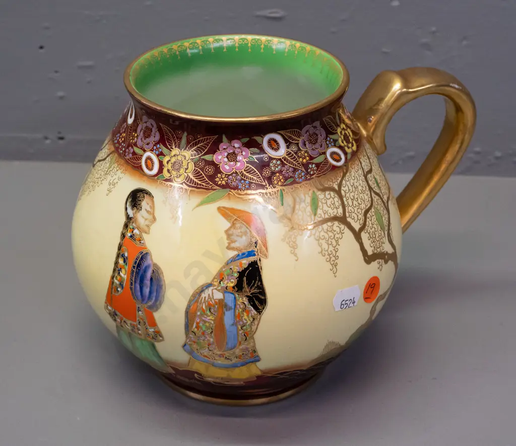 Carlton Ware chinoiserie style jug with gilt and enamel decoration - minor wear to gilding H-180 W-220 at handle Image 1++