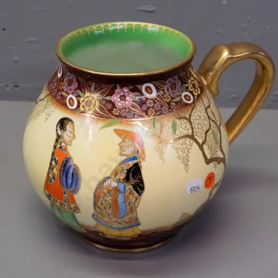 Carlton Ware chinoiserie style jug with gilt and enamel decoration - minor wear to gilding H-180 W-220 at handle