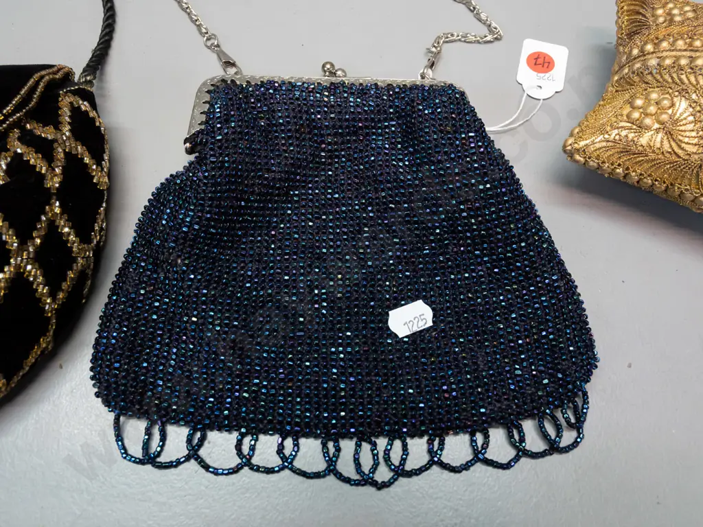 black velvet purse with glass bead and wire decoration, lustre glass bead purse with chromed chain and a clamshell purse Image 1++