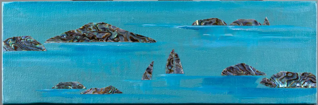 Joy Carter -- acrylic and paua shell on boxed canvas "Rangitoto IV" 2007 H-100 W-305 Image 1++